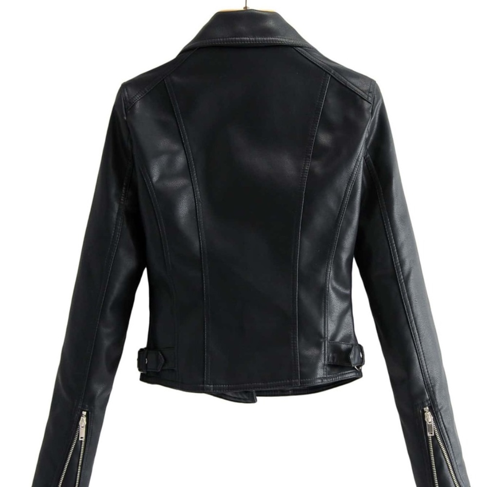 Black biker moto Vegan leather Zipper jacket motorcycle - Picture 6 of 7